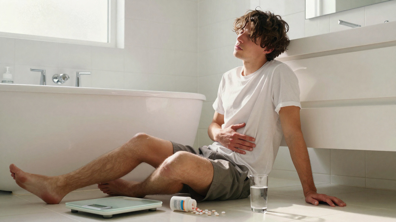 Young man sitting on bathroom floor holding stomach, with spilled pills and glass of water nearby.
