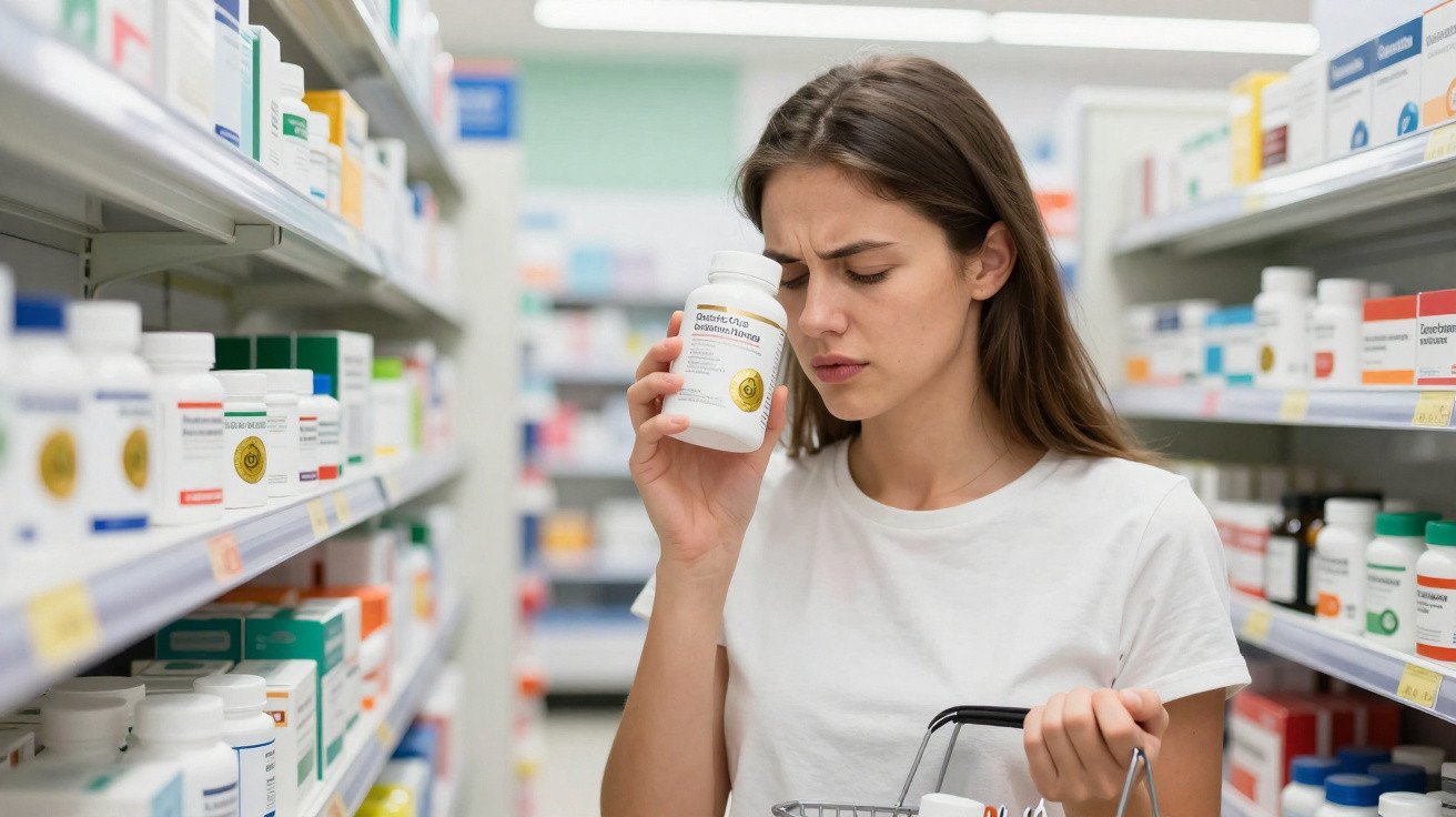 Young woman examining a bottle of supplements in a pharmacy aisle while holding a shopping basket