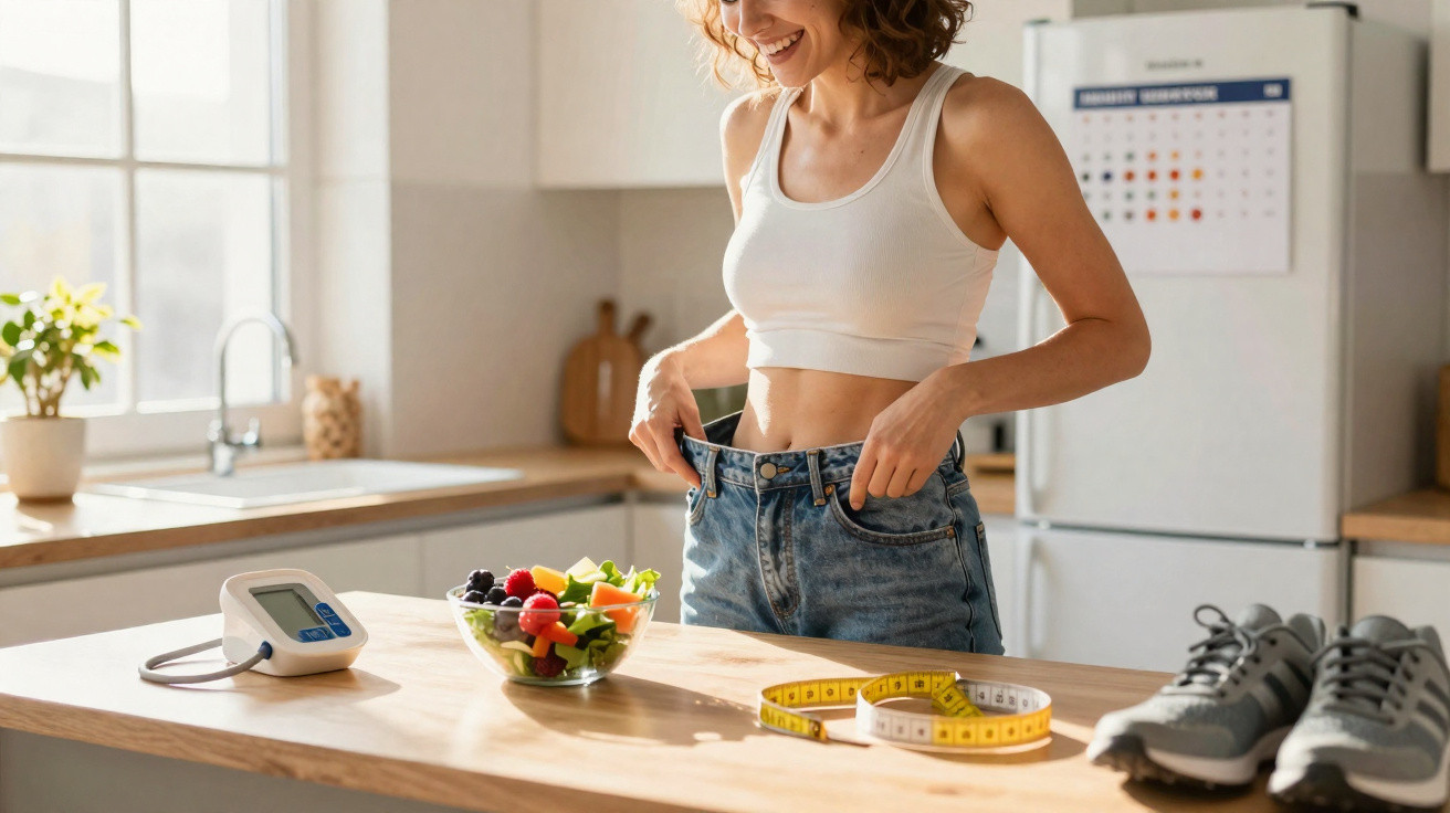 Woman in white crop top and jeans checking weight loss, with fruit bowl, measuring tape and running shoes on kitchen table.