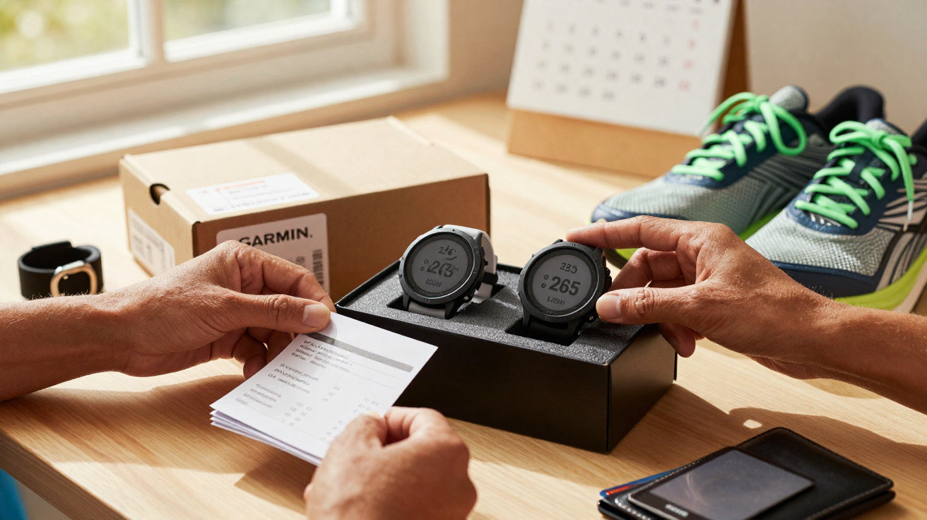 Two Garmin smartwatches in a box on a desk, with running shoes, a receipt, and a phone nearby.
