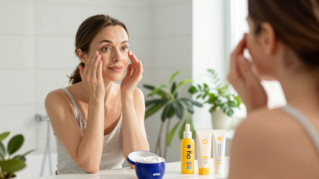 Woman applying skincare cream on face in front of bathroom mirror with skincare products on the counter
