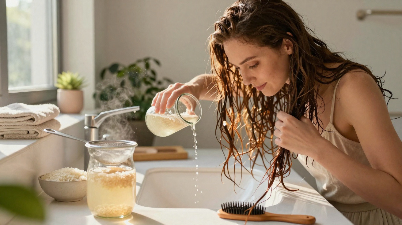 Woman pouring liquid onto her wet hair over a bathroom sink with a wooden hairbrush nearby.