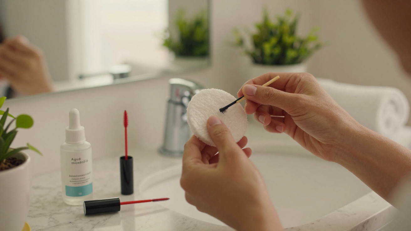Person cleaning a small brush on a cotton pad in a bathroom with skincare products on the counter.