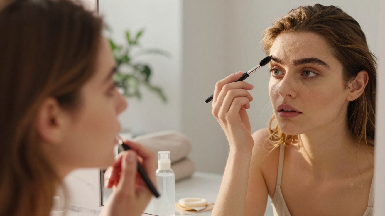 Young woman applying eyebrow makeup with a brush while looking into a bathroom mirror.