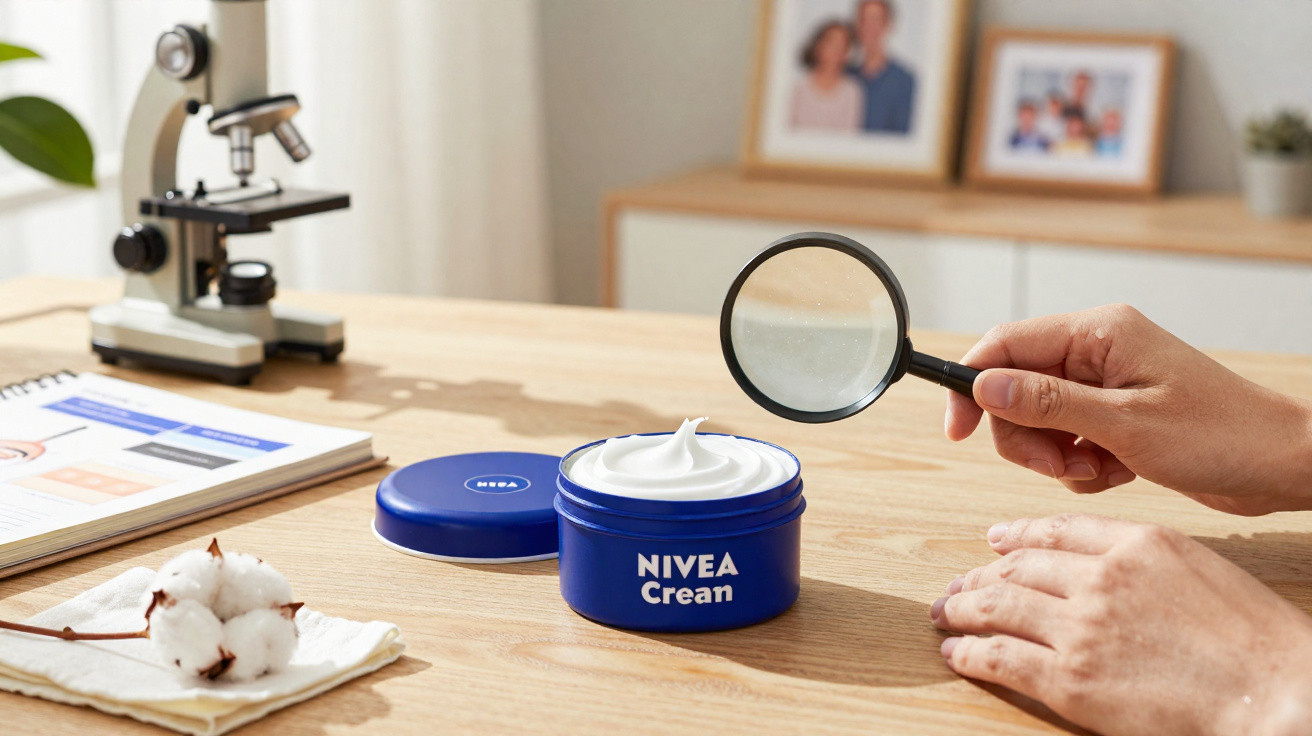 Person examining open Nivea cream jar with magnifying glass on wooden table with microscope and cotton nearby