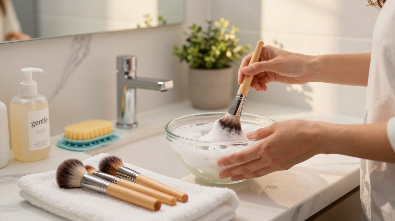 Hands cleaning a makeup brush in a bowl of soapy water on a bathroom counter with towels and brushes nearby.