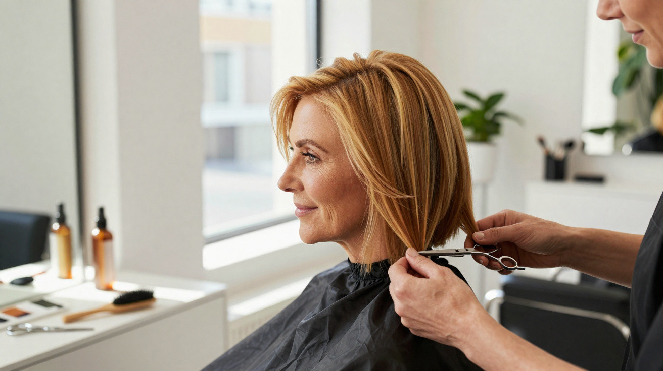 Woman with short blonde hair having her hair cut by a hairdresser in a bright salon by the window.