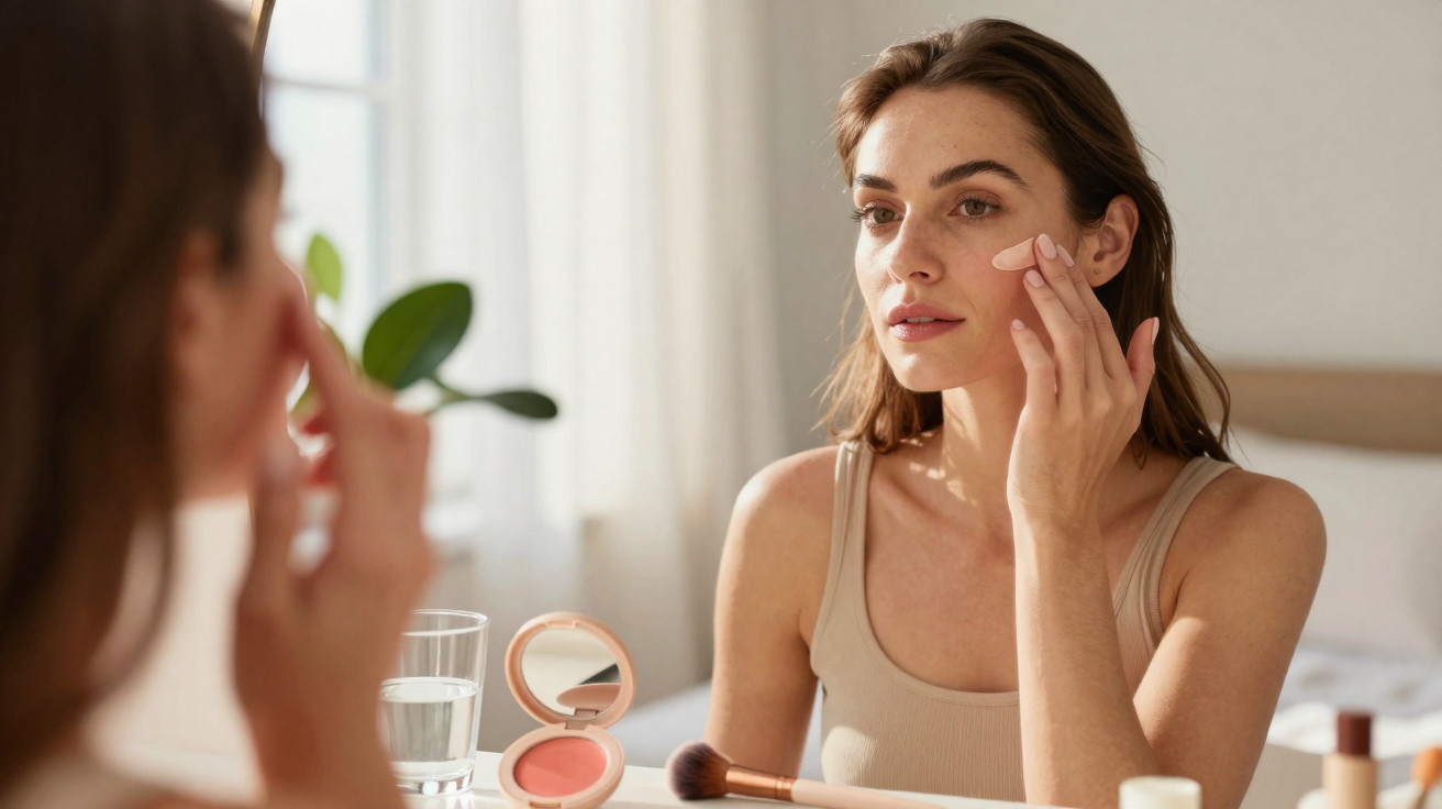 Woman applying cream to her cheek while looking in a mirror on a bedroom vanity table.