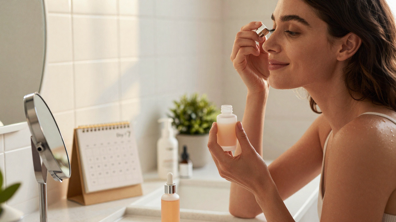 Woman applying skincare serum on her face in a bathroom by the sink and mirror.