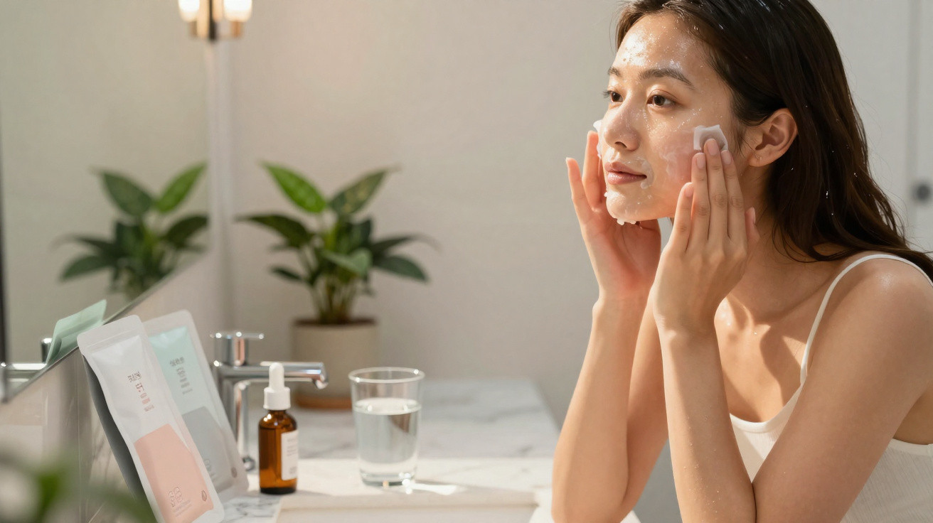Woman cleansing her face with a cotton pad in a bright bathroom with skincare products on the counter.