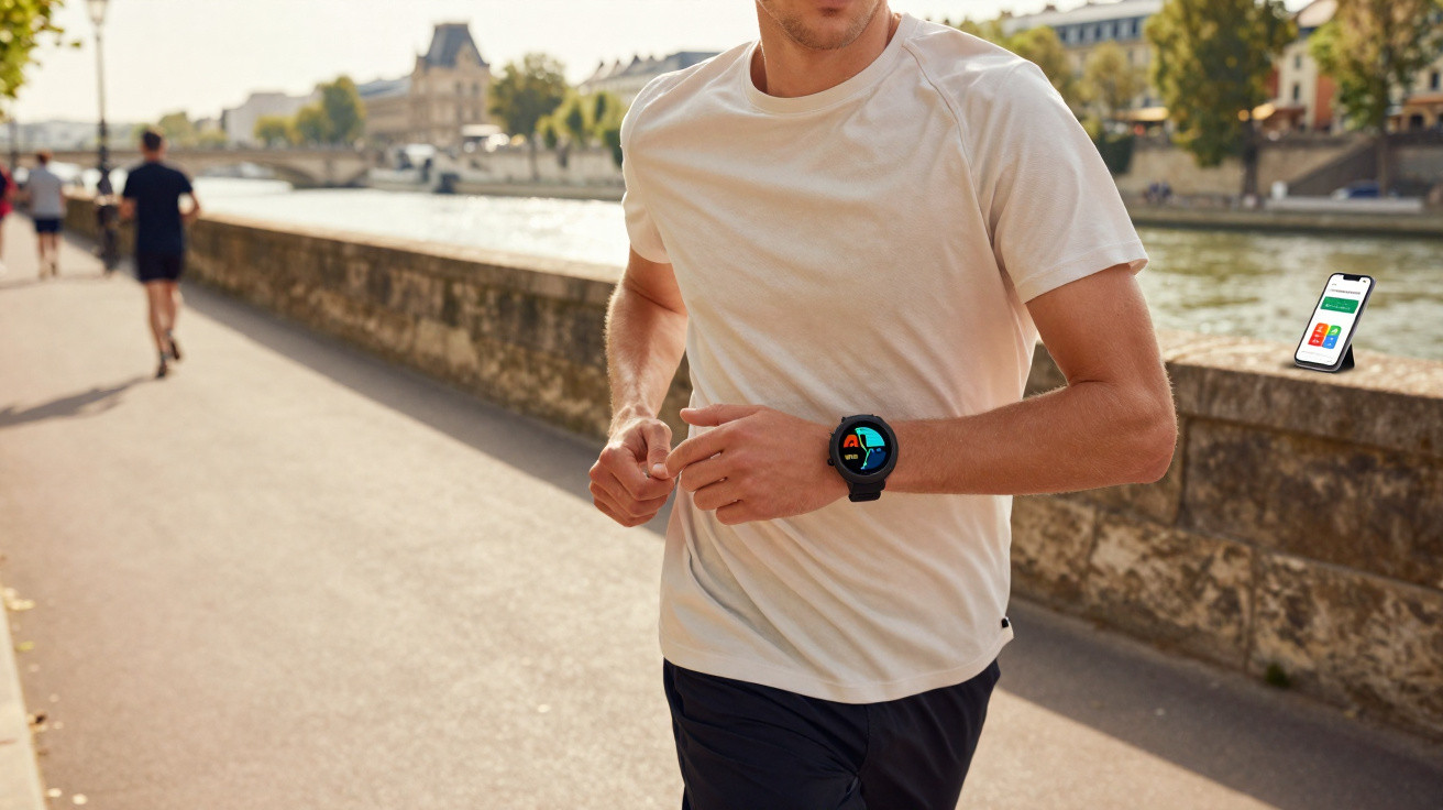 Man jogging along a riverbank path wearing a smartwatch displaying fitness data, with a smartphone nearby.