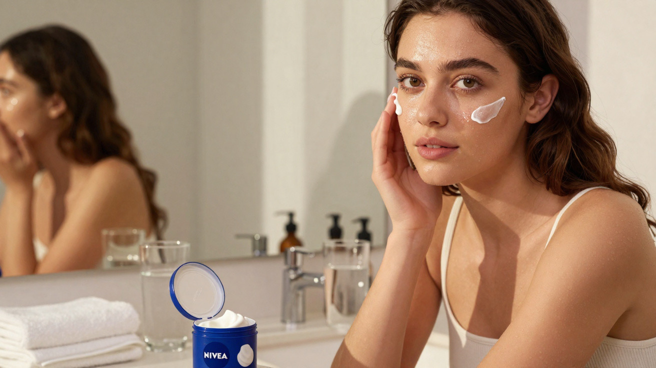 Young woman applying Nivea cream on cheeks in a bright bathroom with towels and mirror reflection visible.