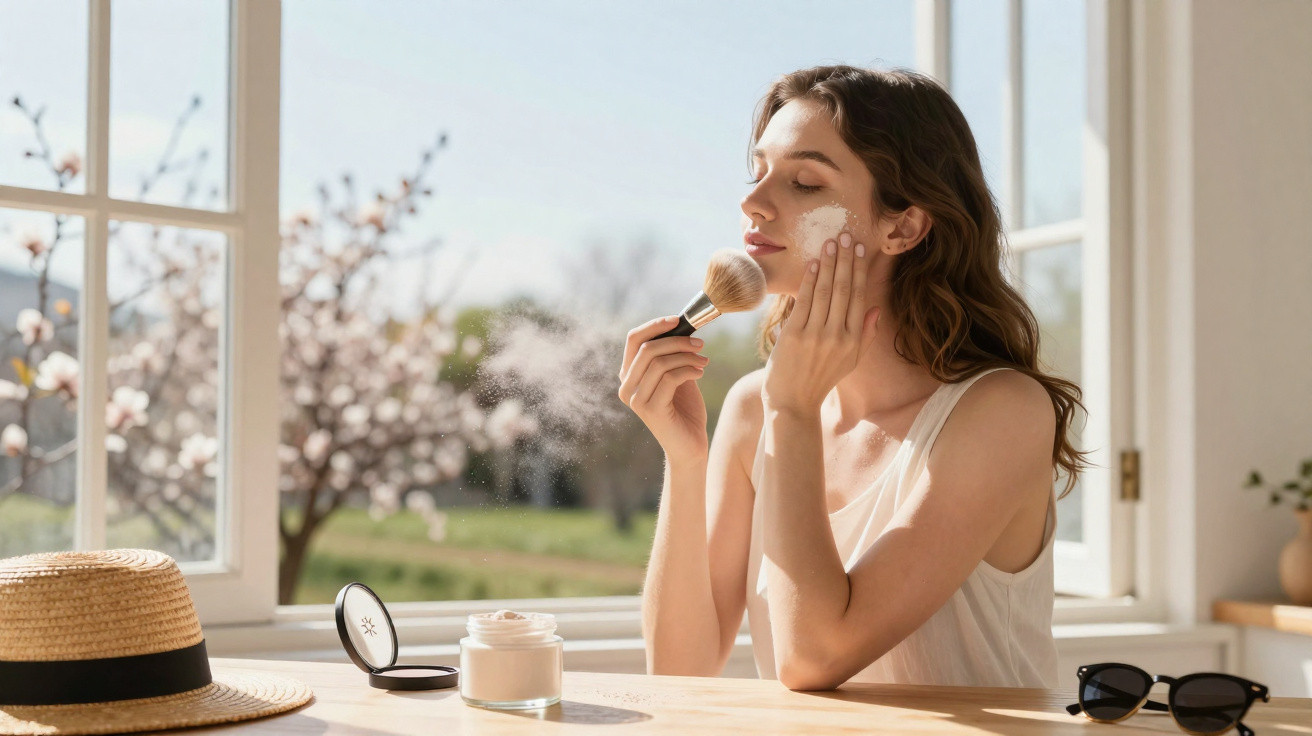 Young woman applying loose powder with a brush near an open window on a sunny day.