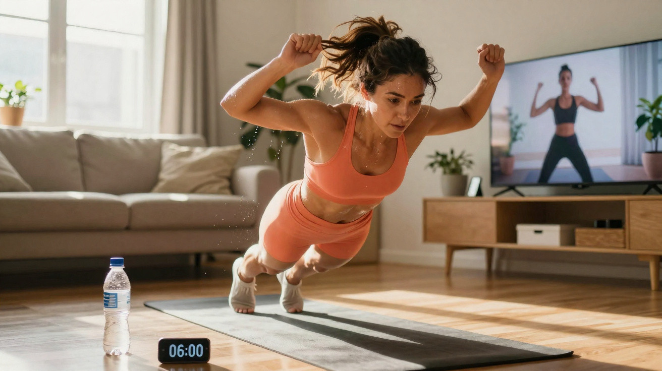 Woman in coral workout clothes doing a plyometric push-up in a living room with a fitness video on TV.