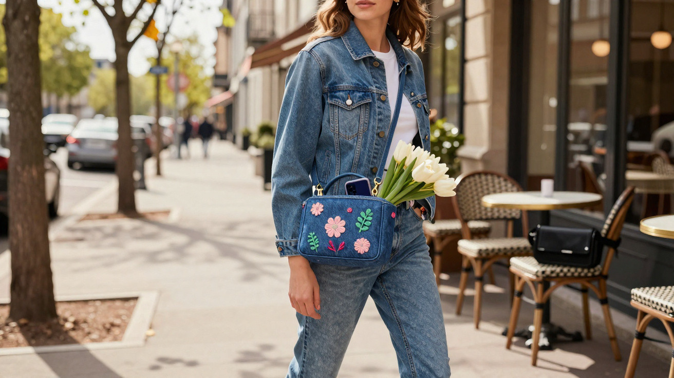 Woman in denim jacket and jeans walking on city street carrying blue floral handbag with white tulips.