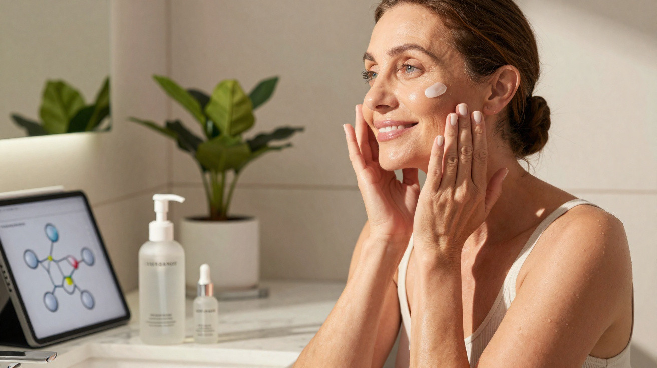 Woman applying skincare cream to her cheek in a bright room with plants and skincare products nearby.