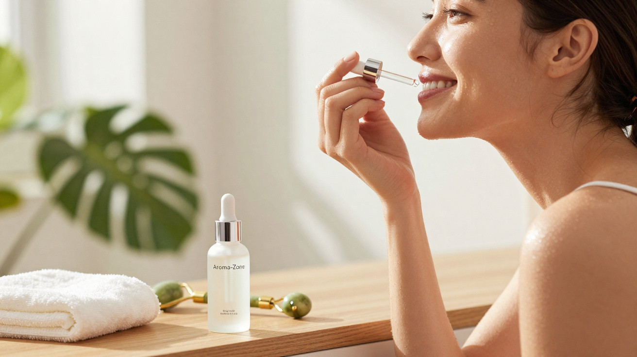 Woman smiling while applying facial serum with dropper near skincare products on wooden surface