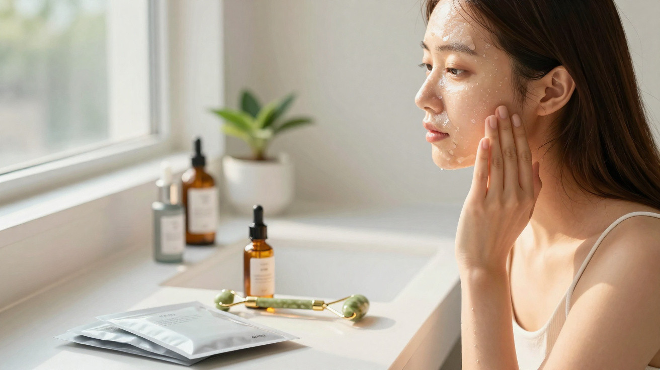 Woman applying skincare cream to her face beside a window with skincare products and a jade roller on the counter.