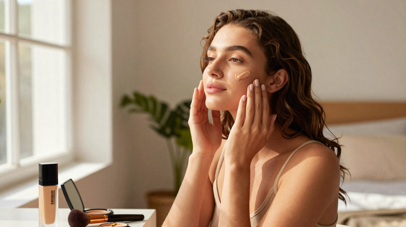 Young woman applying liquid foundation on her face in a sunlit room with makeup products on a table.
