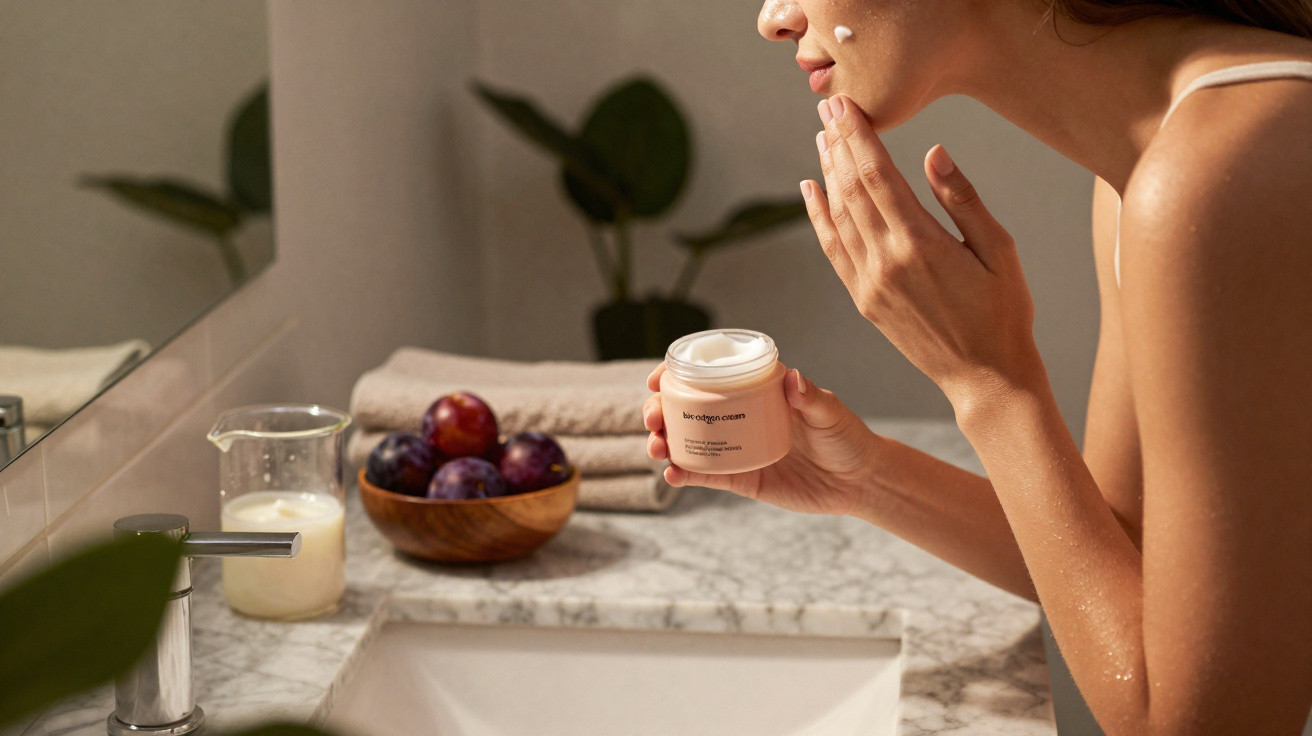 Woman applying face cream in bathroom with plums and towels on marble countertop.