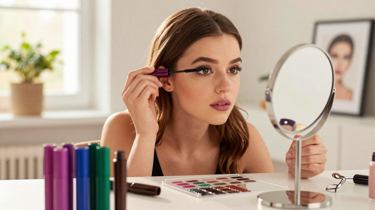 Young woman applying mascara with a handheld mirror on a white table with makeup products in a bright room.