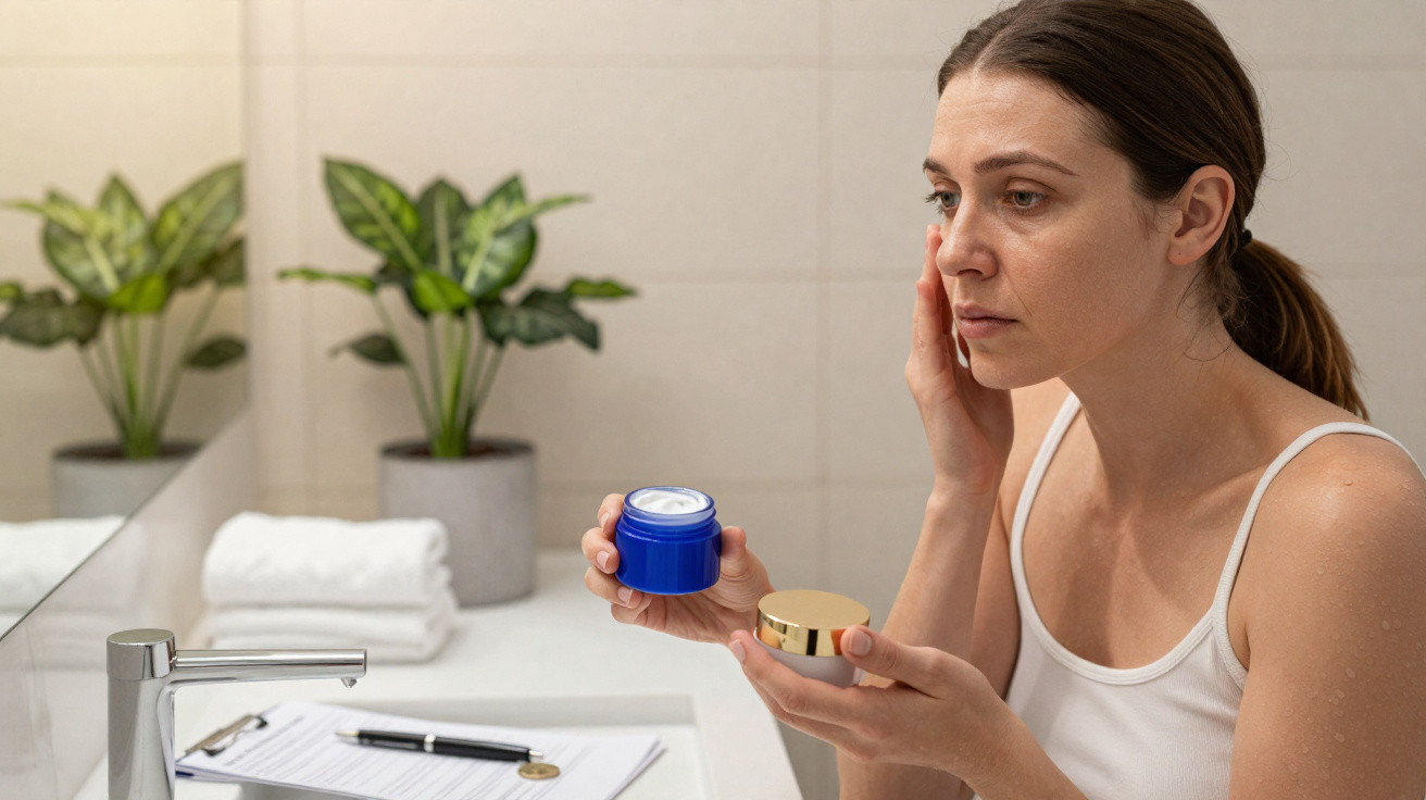 Woman in a white tank top applying face cream from a blue jar in a bathroom with plants and a mirror in the background.