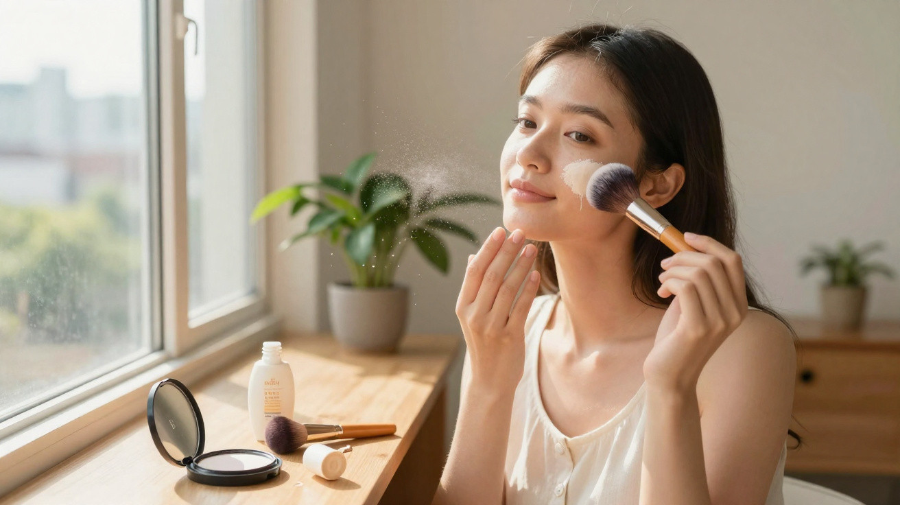 Young woman applying face powder with a brush by a window in a softly lit room.