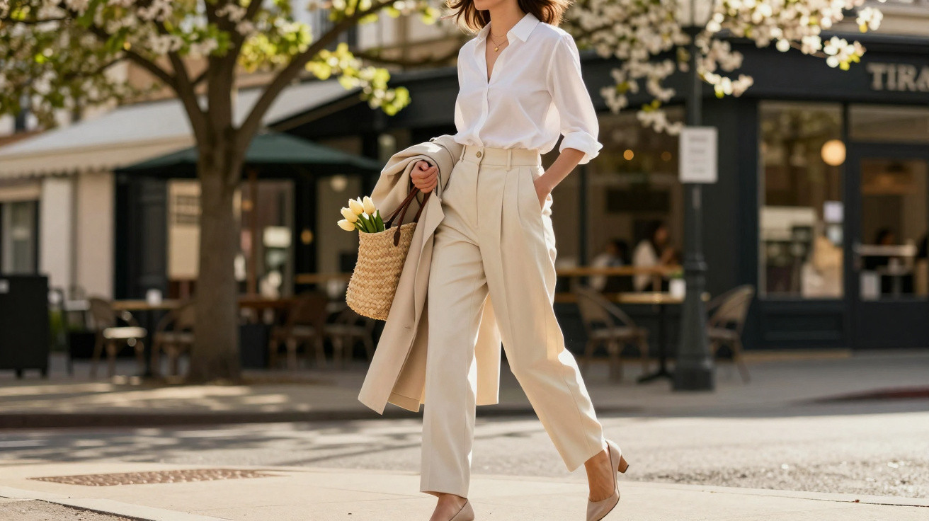Woman walking on city street in beige trousers and white shirt holding a woven bag with yellow tulips.