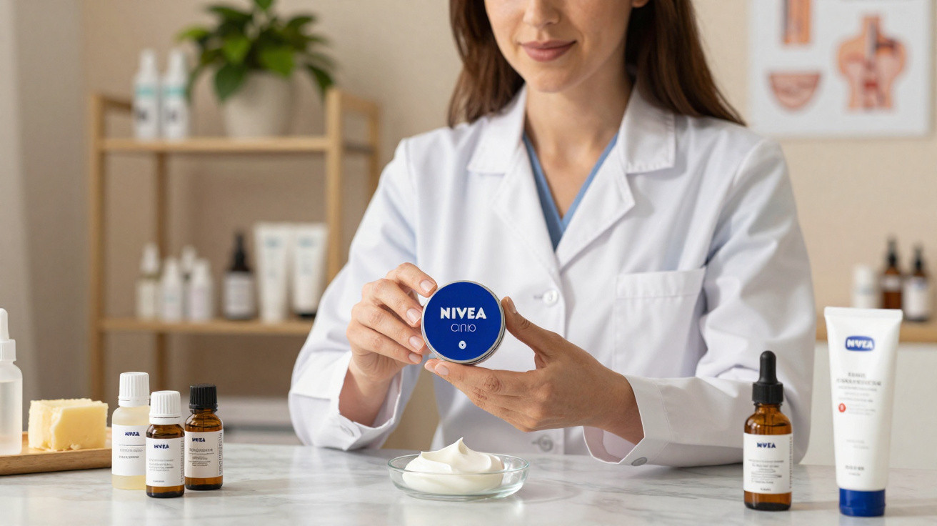 Woman in white lab coat holding Nivea Creme tin with skincare products on table and shelf behind.