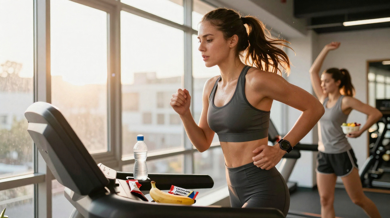 Young woman running on treadmill in gym with another woman stretching in background.