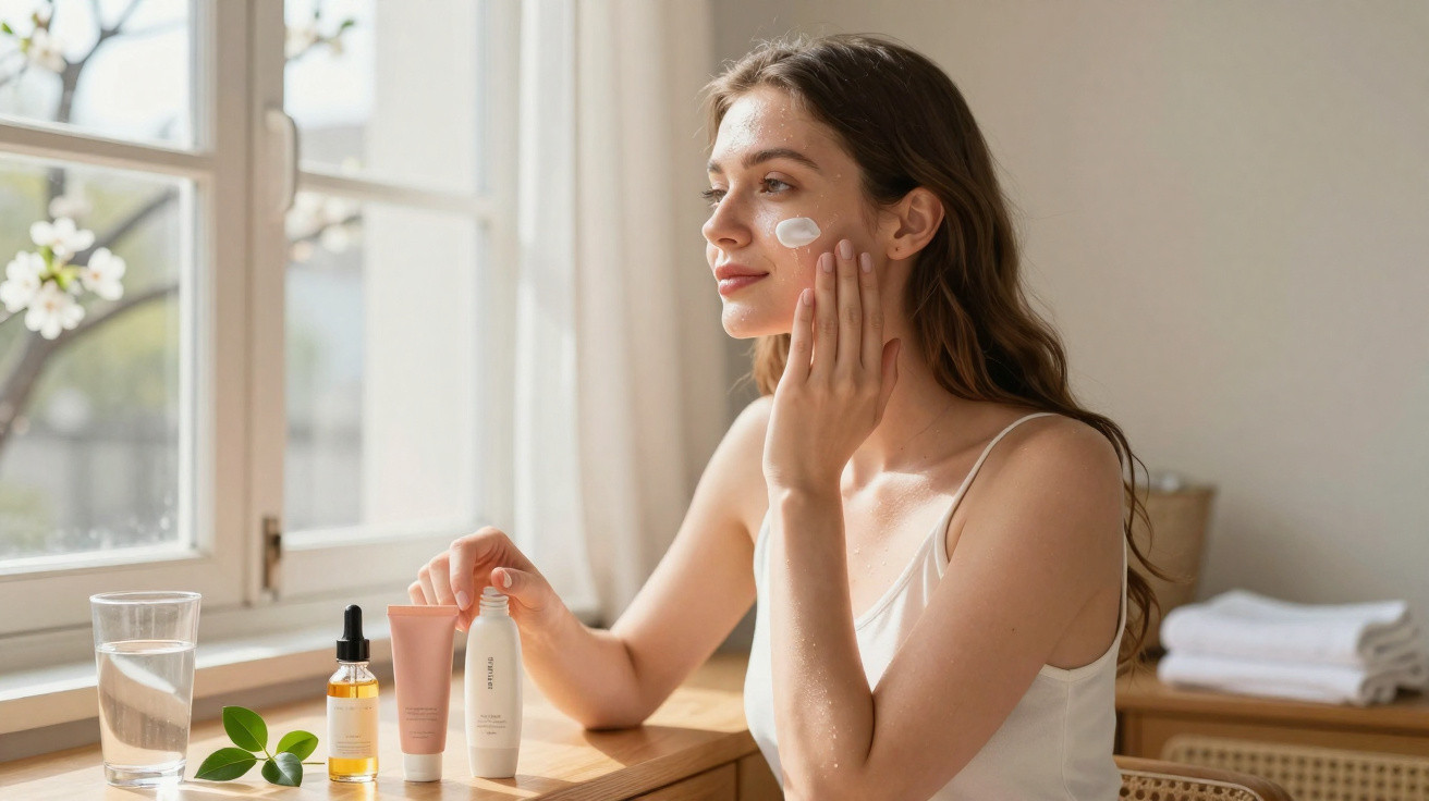 Young woman applying face cream at a wooden table with skincare products by a sunlit window