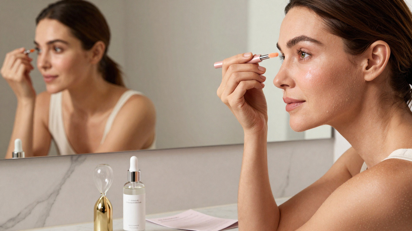 Woman applying skincare serum with a dropper in front of a bathroom mirror, sitting at a marble counter.