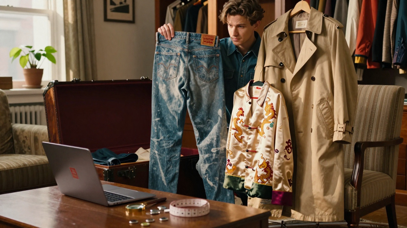 Man holding jeans and a dragon-embroidered jacket in a room with a trench coat on a hanger and a laptop on a table.