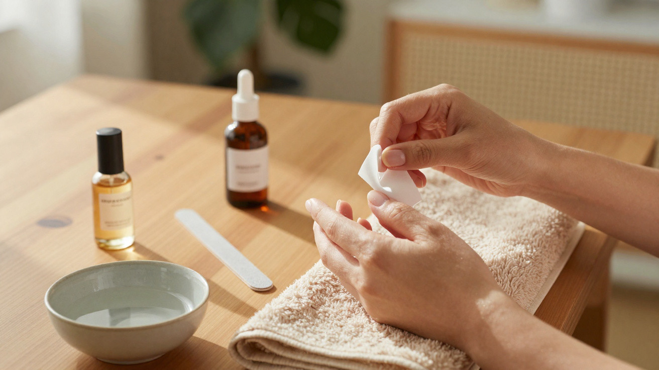 Person filing fingernails on a towel with nail care products and a bowl of water on a wooden table.